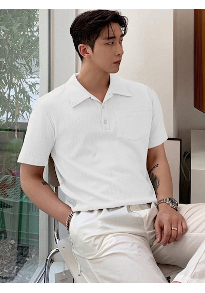 Genius Store Erkek Oversize Polo Yaka Waffle T-shirt Poloyaka-düğmeli Beyaz