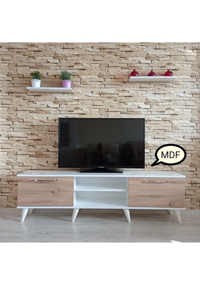 Mobilyasepeti Mobilya Sepeti (Ms 80) Mdf Tv Ünitesi Dolabı,Raflı,Beyaz,Ceviz