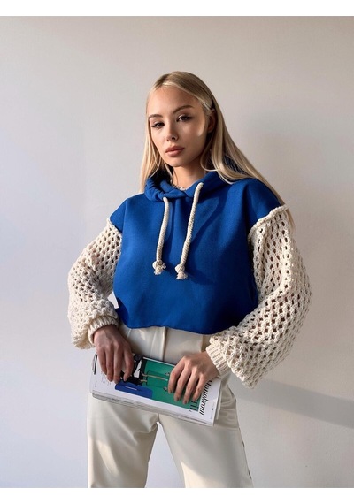 Mamayaga Kadın Kolları Triko Tasarım 3 İplik Uzun Kol Pamuk Crop Boy Şık Sweatshirt Mavi