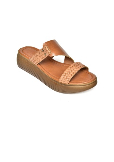 Fox Shoes S291059703 Taba Hakiki Deri Kalın Tabanlı Kadın Terlik Taba