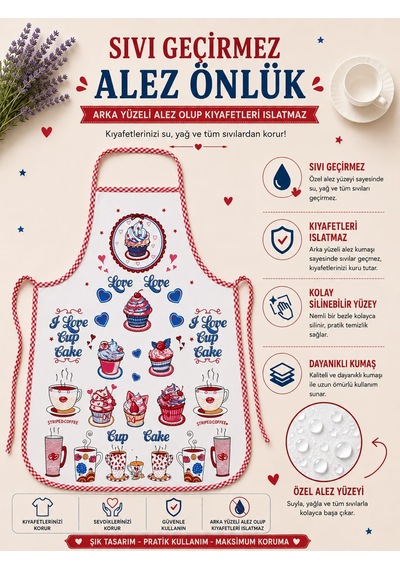 Mutfak Önlüğü Pamuk Yüzey Alez Sıvı Geçirmez Pembe