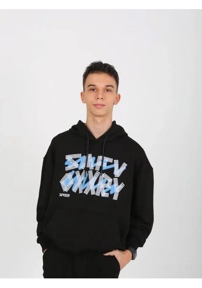 Marions Erkek Çocuk Yazı Detaylı 2 İplik Kapüşonlu Sweatshirt-15229 Siyah