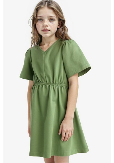DeFacto Kız Çocuk Standart Fit V Yaka Gabardin Kısa Kollu Elbise E2645A825SMGN744 Yeşil