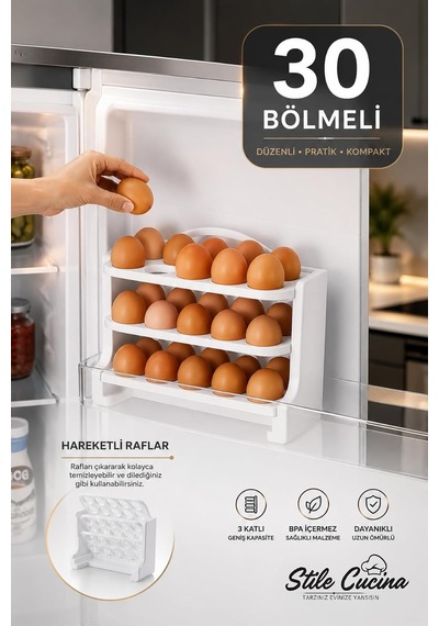30 Bölmeli Yumurtalık - 3 Katlı Yumurta Rafı Saklama Kabı Beyaz Beyaz Çok Renkli