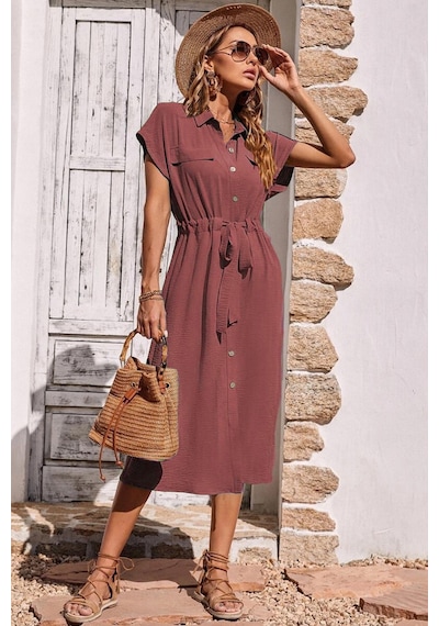 Madmext Kırmızı Gömlek Yaka Uzun Elbise Mg1743 Kırmızı