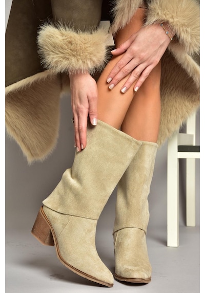 Fox Shoes T936042502 Bej Kalın Alçak Topuklu Kadın Bot Bej-süet Bej