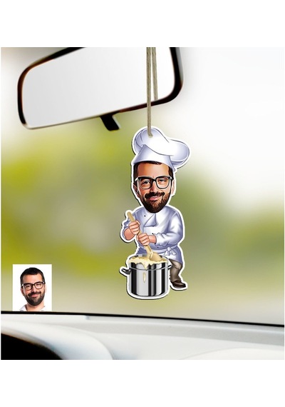 Kişiye Özel Bay Aşçı Karikatürlü Ahşap Araba Dikiz Ayna Süsü