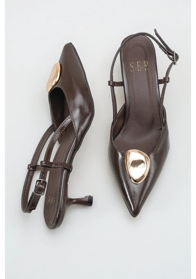 Sermoda Topuklu Kadın Ayakkabı - 5 Cm İnce Topuklu Sivri Burun Arka Açık Stiletto Ayakkabı Kahve Yanki