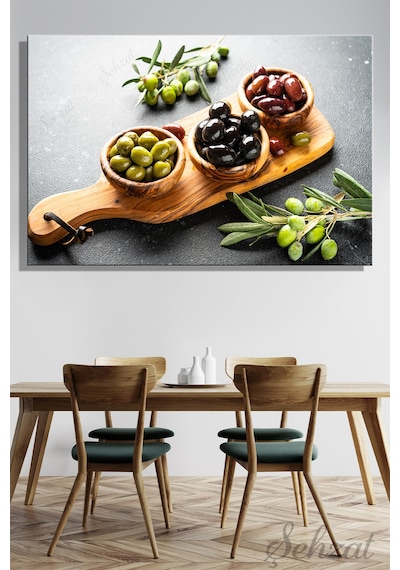 Kanvas Duvar Tablosu Yatay Lokanta Kafe Restoran Akdeniz Mutfak Siyah Yeşil Zeytin Kahvaltı Yağ