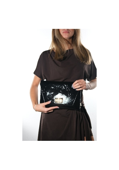 Maorı Siyah Kırışık Rugan Kadın Clutch Çanta