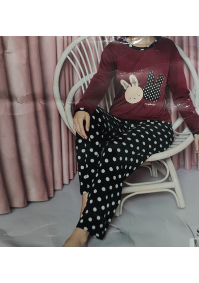 Tekten 3300 Uzun Kollu Kadın Pijama Takımı Bordo - Siyah