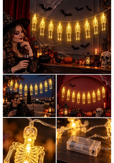 Halloween 2 Metre 9 Adet 12 Cm İskeletli Sarı Led Işıklı Pilli Cadılar Bayramı Asma Parti Dekoru Renkli