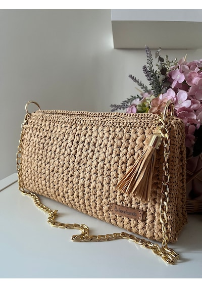El Yapımı Örgü Kağıt İp Kadın Clutch Çanta Zincir Askılı Bej