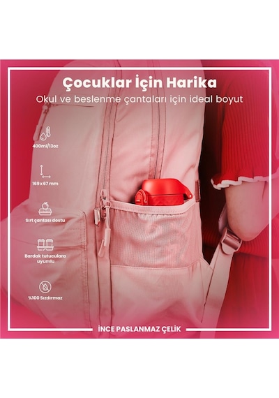 Ion8 - Paslanmaz Çelik Çocuk Suluk - Kırmızı Unicorn - 400 Ml - Sızdırmaz Çok Renkli