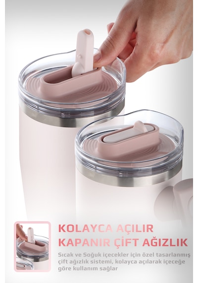 Fika Lumi Patentli Döner Kulplu Sızdırmaz Çift Ağızlıklı Çelik Termos 950 Ml Pembe