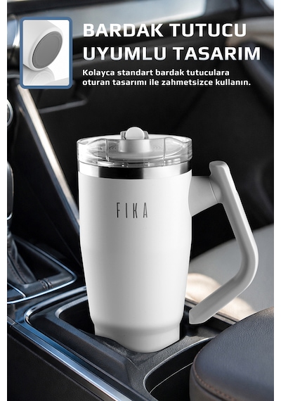 Fika Lumi Patentli Döner Kulplu Sızdırmaz Çift Ağızlıklı Çelik Termos 950 Ml Beyaz