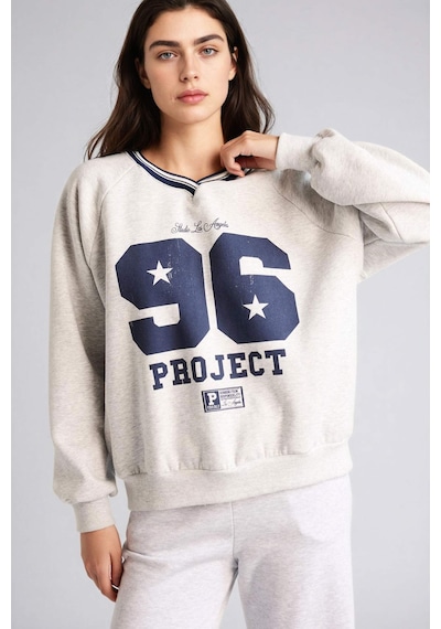 Defacto Oversıze V Yaka Baskılı Kalın Kumaş Sweatshirt G9597ax26spgr256 Gri-gr256