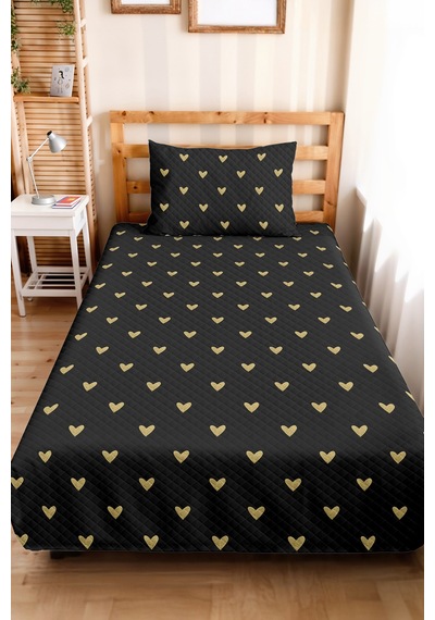 Siyah Kalpler Minimal Genç Odası Tek Kişilik Pike Takımı - Altın 160x220 Cm Kapitone Yatak Örtüsü Siyah