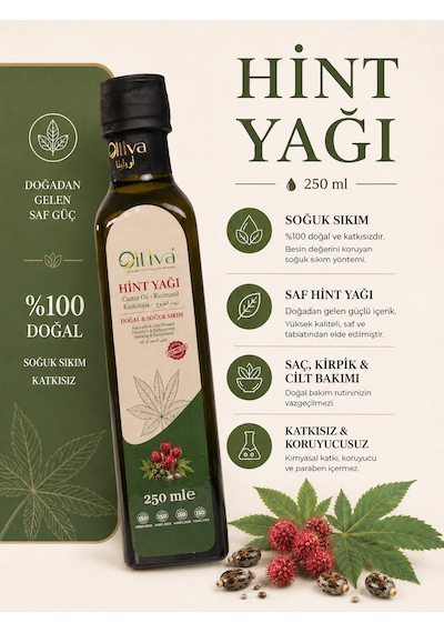 Oılıva Hint Yağı 250 Ml %100 Doğal Ve Saf Hint Yağı, Soğuk Sıkım Castor Oil, Katkısız Bitkisel Yağ, Ricinus Yağı