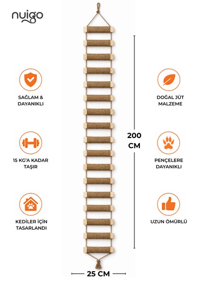 Ahşap Kedi Tırmanma Merdiveni Ve Duvar Köprüsü - Jüt İpli, 17 Basamak, 200 Cm