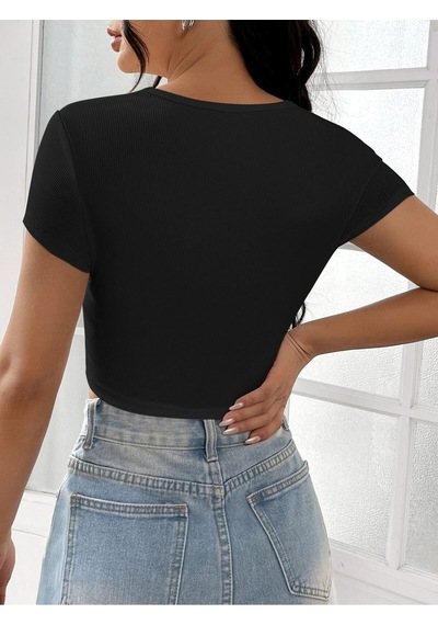 Liona Kare Yaka Siyah Renk Fitilli Kısa Kollu Slim Fit Crop Top Bluz