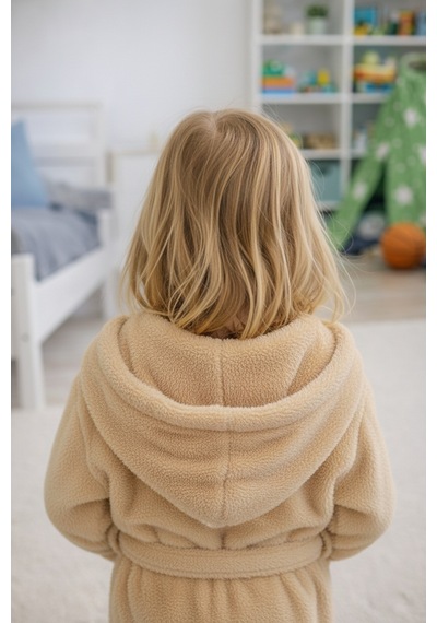 Luna Soft Kız / Erkek Çocuk Kapşonlu Pamuklu Bornoz Peluş Sabahlık 5/6 Yaş Bej