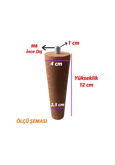 Ahşap Ayak 12 Cm 4'lü Set Koyu Meşe M8 Civatalı Bağlantı Aparatlı Dolap Mobilya Koltuk Kanepe Destek Ayağı Ayakları Koyu Meşe