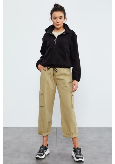Tommy Life Siyah Yarım Fermuar Etek Ucu Büzgülü Kadın Polar Oversize Sweatshirt - 97171 Siyah