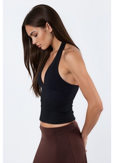 Hiccup Busem Kesik Detaylı Dar Kesim Halter Crop Bluz Siyah