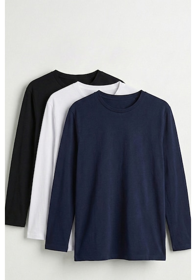 Elemge Pamuk 3'lü Erkek Süprem Basic T-shirt Compact Penye Uzun Kollu Tok Kumaş Tişört Siyah Laci Beyz Siyah - Lacivert - Beyaz 2XL
