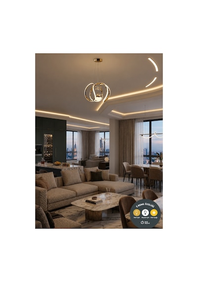Tek Toplu Amissos Gold Kumandalı 3 Renk Sarkıt Avize Salon, Yemek Masası, Mutfak Ve Çocuk Odası Aydınlatma