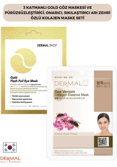Dermal 3 Katmanlı Gold Göz Maskesi ve Pürüzsüzleştirici Onarıcı Sıkılaştırıcı Arı Zehri Özlü Kolajen Maske Seti
