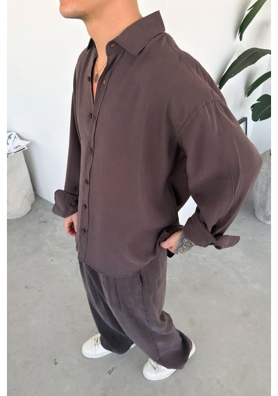 Kahverengi Basic Oversize Modal Gömlek Kahverengi