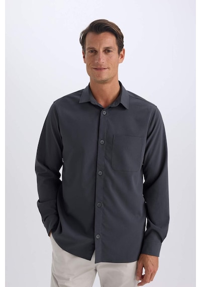 DeFacto Regular Fit Polo Yaka Basic Düz Gofre Uzun Kollu Gömlek D8713AX25SPAR15