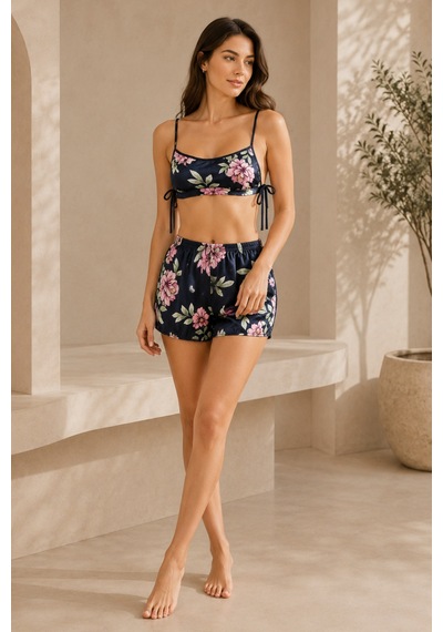 Loule Kadın Lacivert Çiçekli Saten Büstiyer Şort Pijama Takımı