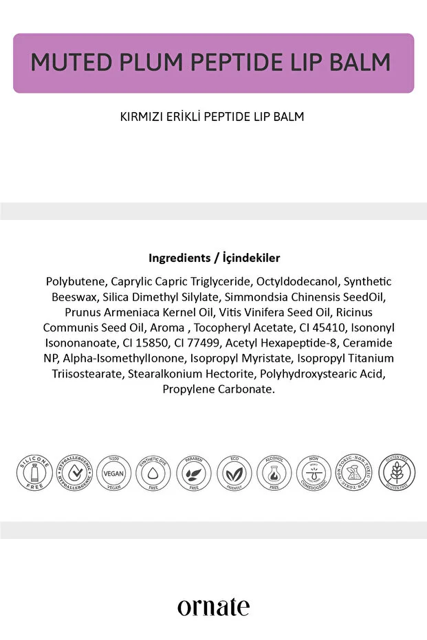 Peptide Lip Balm Muted Plum, Nemlendirici, Parlatıcı Lip Balm Kırmızı Erik Ceramide Vitamin E 15ml C02 Mor