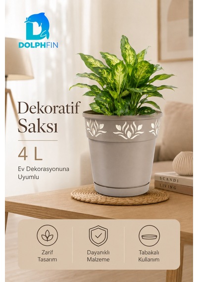 4 Litre Dekoratif Alt Tabaklı Plastik Saksı 20x20x20 Cm Çiçek Motifli Karışık Renk