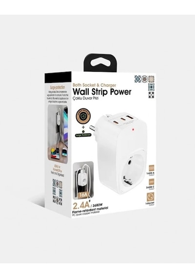Tekli Yüksek Voltaj Korumalı Duvar Prizi 2x Type-c 1x Usb Çıkışlı Priz Grup Priz Çoğaltıcı Siyah Standart