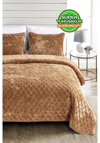 Evlen Home Kapitone Kadife Yatak Örtüsü Seti Çift Kişilik Supersoft 3 Parça Yumuşak Elyaf Dolgulu Kahve Kahverengi