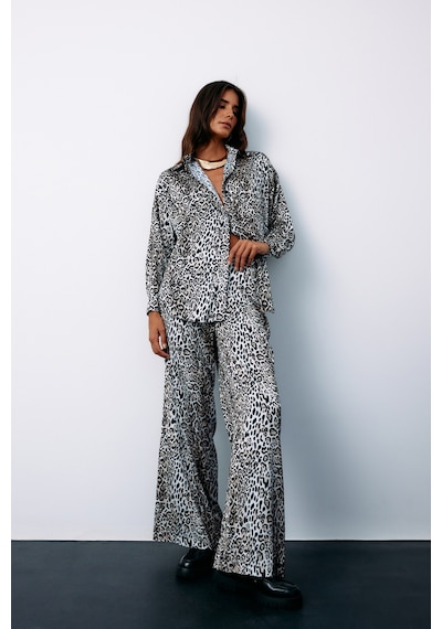 Sateen Yüksek Bel Saten Leopar Pantolon - Ekru-135186 Ekru