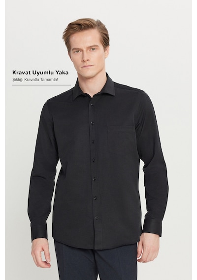AC&Co / Altınyıldız Classics Erkek Sıyah Pamuklu Tailored Slim Fit Dar Kesim Klasik Yaka Armürlü Cepli Gömlek Siyah