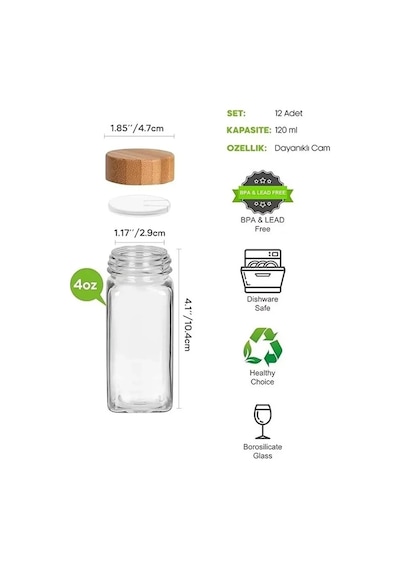 4 Lü Baharatlık Set Stantlı Bambu Kapaklı Etiketli Cam Kare Formlu Baharatlık Takımı Serpme Başlıkl Çok Renkli