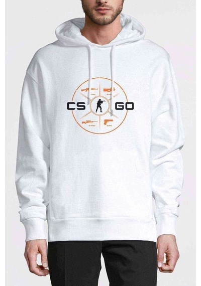 Cs Go Menu Baskılı Beyaz Erkek Örme Kapşonlu Sweatshirt