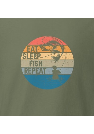 Wildstyle Retro Balık Gün Batımı Vintage Balıkçılık Deniz Baskılı Unisex Bisiklet Yaka Pamuklu Tişört Haki