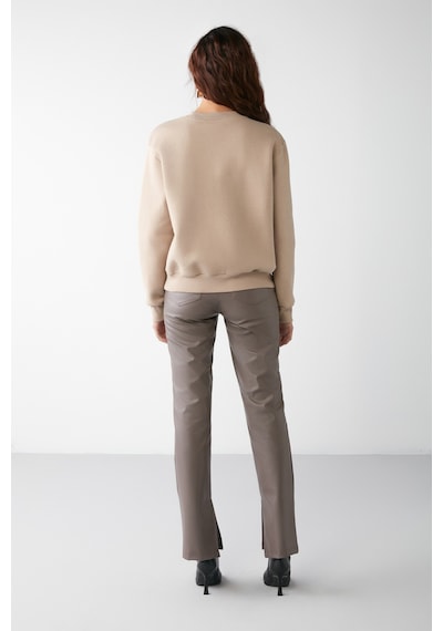 Grimelange Vaneltına Kadın Içi Polarlı 3 Iplik Organik Pamuk Oversize Basic Bisiklet Yaka Vizon Sweatshirt