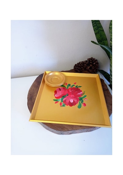 Altın Rengi El Boyaması Çiçek Desenli Kare Çay, Kahve, Söz Nişan Dekoratif Servis Sunum Tepsisi 1 Adet