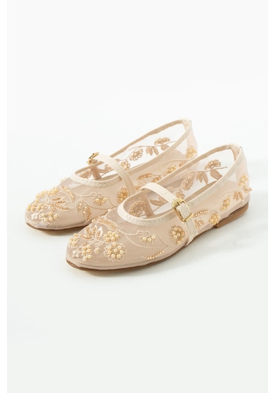 Duxal Shoes Rose Kadın İnci İşlemeli Tül Babet Çiçek Nakışlı Mary Jane Ayakkabı Bej