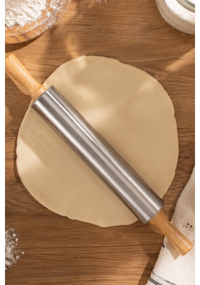 Porsima Mnb05774 Ahşap Saplı Paslanmaz Çelik Merdana Oklava Hamur Pizza Börek Açma Oklava 48cm
