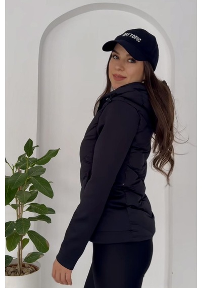 Prifaldi Kadın Softshell Kollu Kapüşonlu Çift Cepli Termal Şişme Mont Siyah