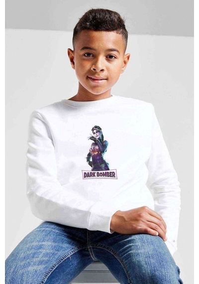 Tshirthane Dark Bomber Fortnite Baskılı Unisex Çocuk Beyaz Sweatshirt Beyaz